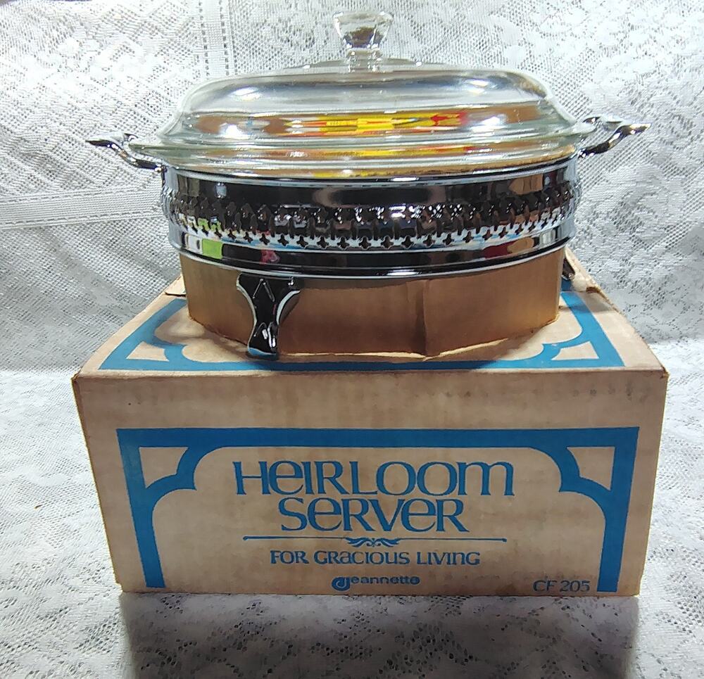 Vintage NOS Glasbake Round Casserole Dish, Silver Plated Holder In Original Box